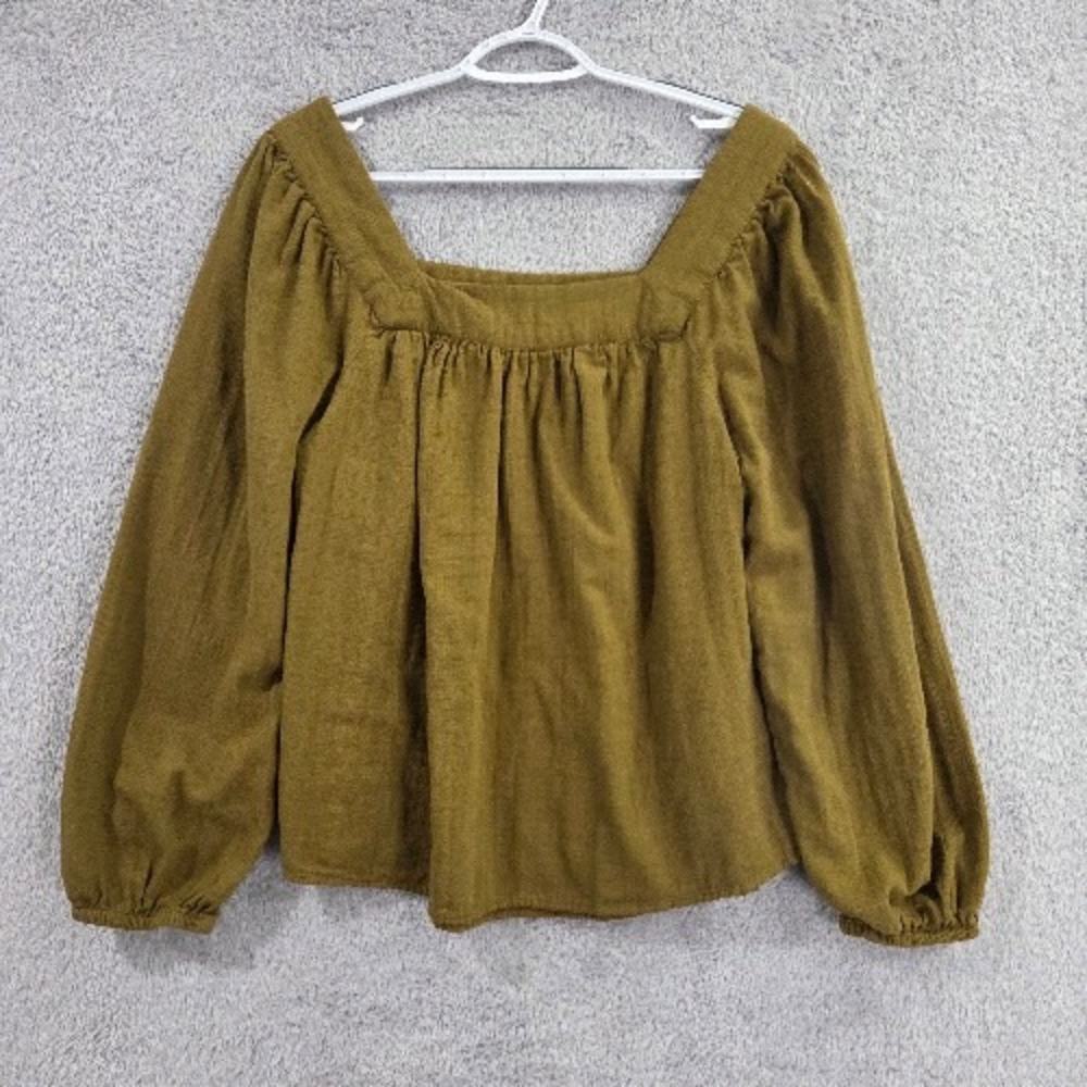 Sonoma Goods For Life Peasant Top XL Olive Green Cotton Square Neck Blouse Boho